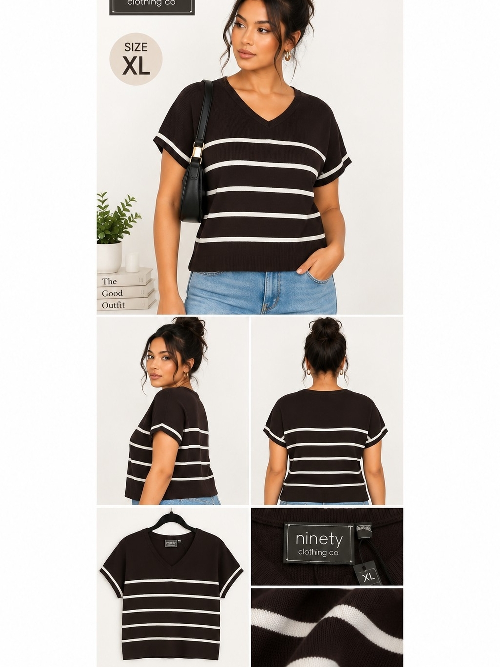 Ninety Clothing Co Women’s XL Brown & Cream Striped Knit Top NWT